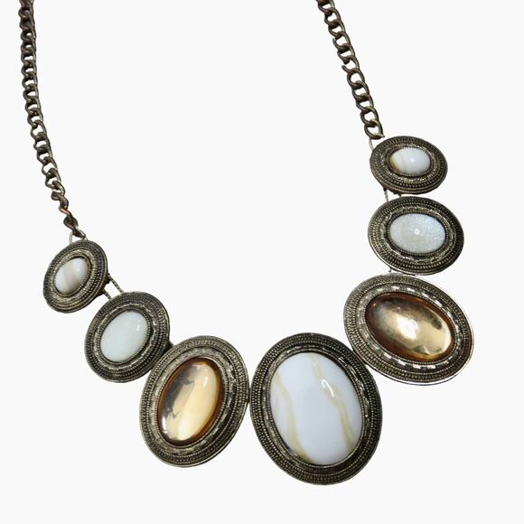 1990s Vintage Chunky Amber Pearly Stone Bib Necklace - Picture 3 of 4